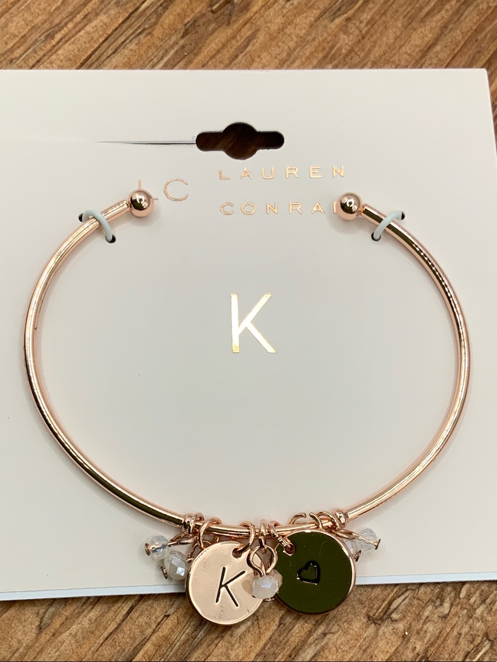 LC Lauren Conrad Rose Gold Initial "K" Charm with Heart Disc Bracelet